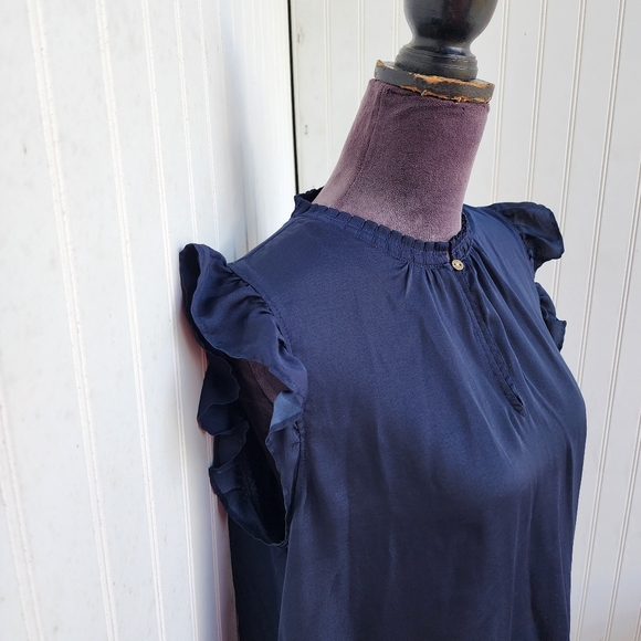 Ann Taylor Ruffle Mock Neck Satin Blouse Top Navy Blue Sleeveless Pullover Sz LP - Picture 3 of 10
